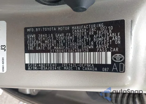 2010 Toyota Corolla Xle из США, поврежденный, VIN 2T1BU4EEXAC498126